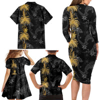 Hawaiian Honu And Surfboards Family Matching Long Sleeve Bodycon Dress and Hawaiian Shirt Gold Style - Polynesian Pride