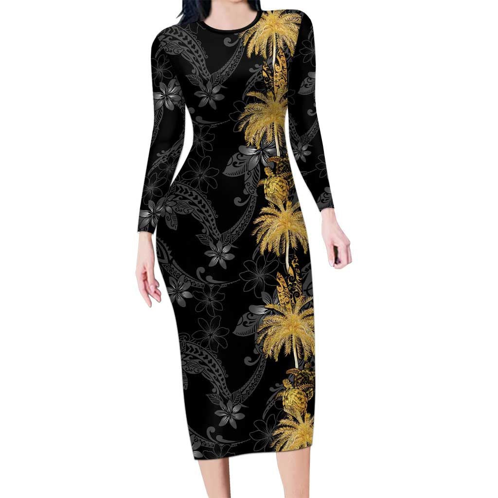 Hawaiian Honu And Surfboards Family Matching Long Sleeve Bodycon Dress and Hawaiian Shirt Gold Style - Polynesian Pride