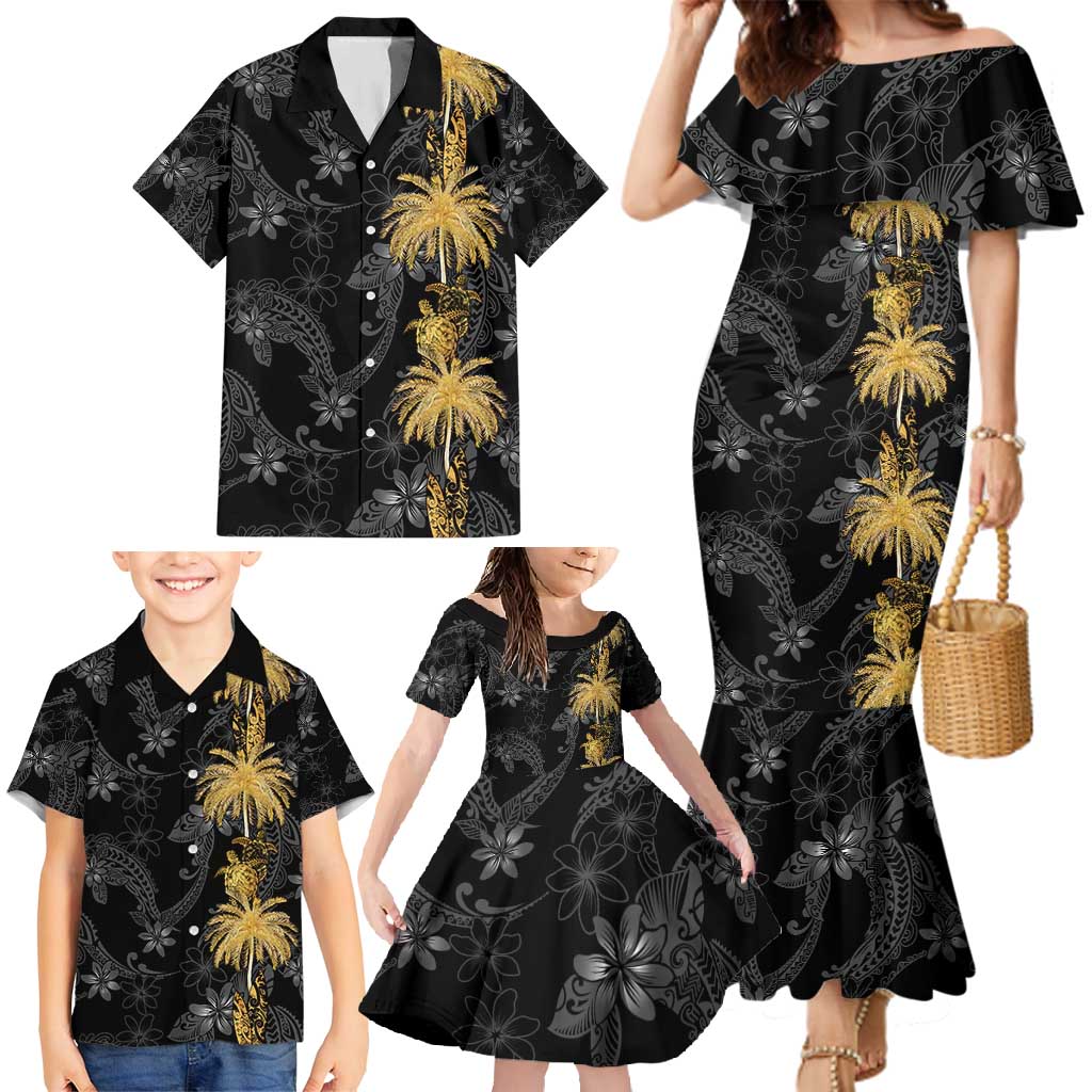 Hawaiian Honu And Surfboards Family Matching Mermaid Dress and Hawaiian Shirt Gold Style - Polynesian Pride