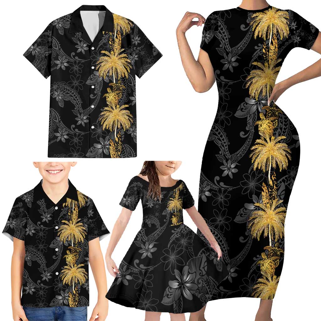 Hawaiian Honu And Surfboards Family Matching Short Sleeve Bodycon Dress and Hawaiian Shirt Gold Style - Polynesian Pride