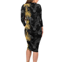 Hawaiian Honu And Surfboards Long Sleeve Bodycon Dress Gold Style - Polynesian Pride
