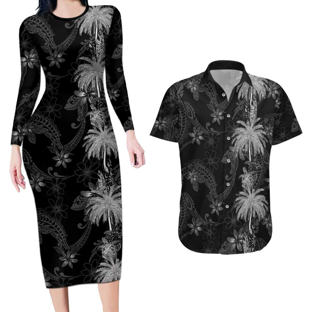Hawaiian Honu And Surfboards Couples Matching Long Sleeve Bodycon Dress and Hawaiian Shirt Silver Style - Polynesian Pride