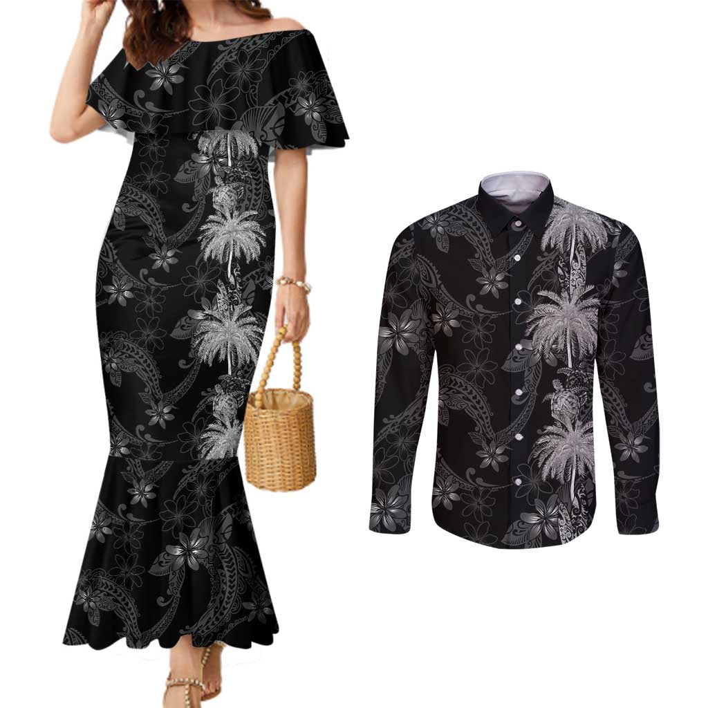 Hawaiian Honu And Surfboards Couples Matching Mermaid Dress and Long Sleeve Button Shirt Silver Style - Polynesian Pride