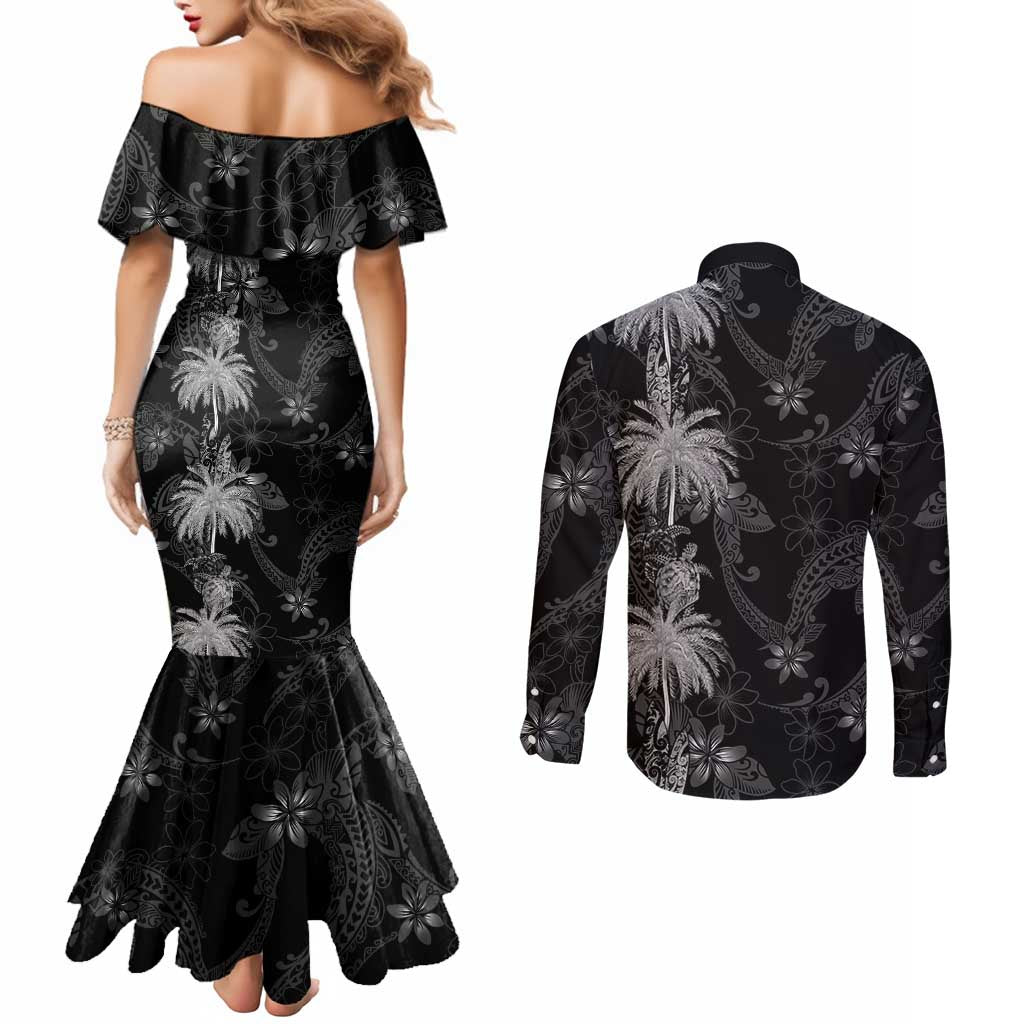 Hawaiian Honu And Surfboards Couples Matching Mermaid Dress and Long Sleeve Button Shirt Silver Style - Polynesian Pride