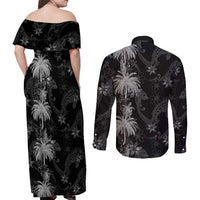 Hawaiian Honu And Surfboards Couples Matching Off Shoulder Maxi Dress and Long Sleeve Button Shirt Silver Style - Polynesian Pride
