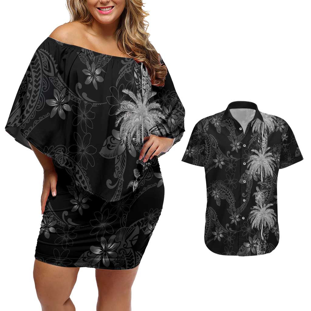Hawaiian Honu And Surfboards Couples Matching Off Shoulder Short Dress and Hawaiian Shirt Silver Style - Polynesian Pride