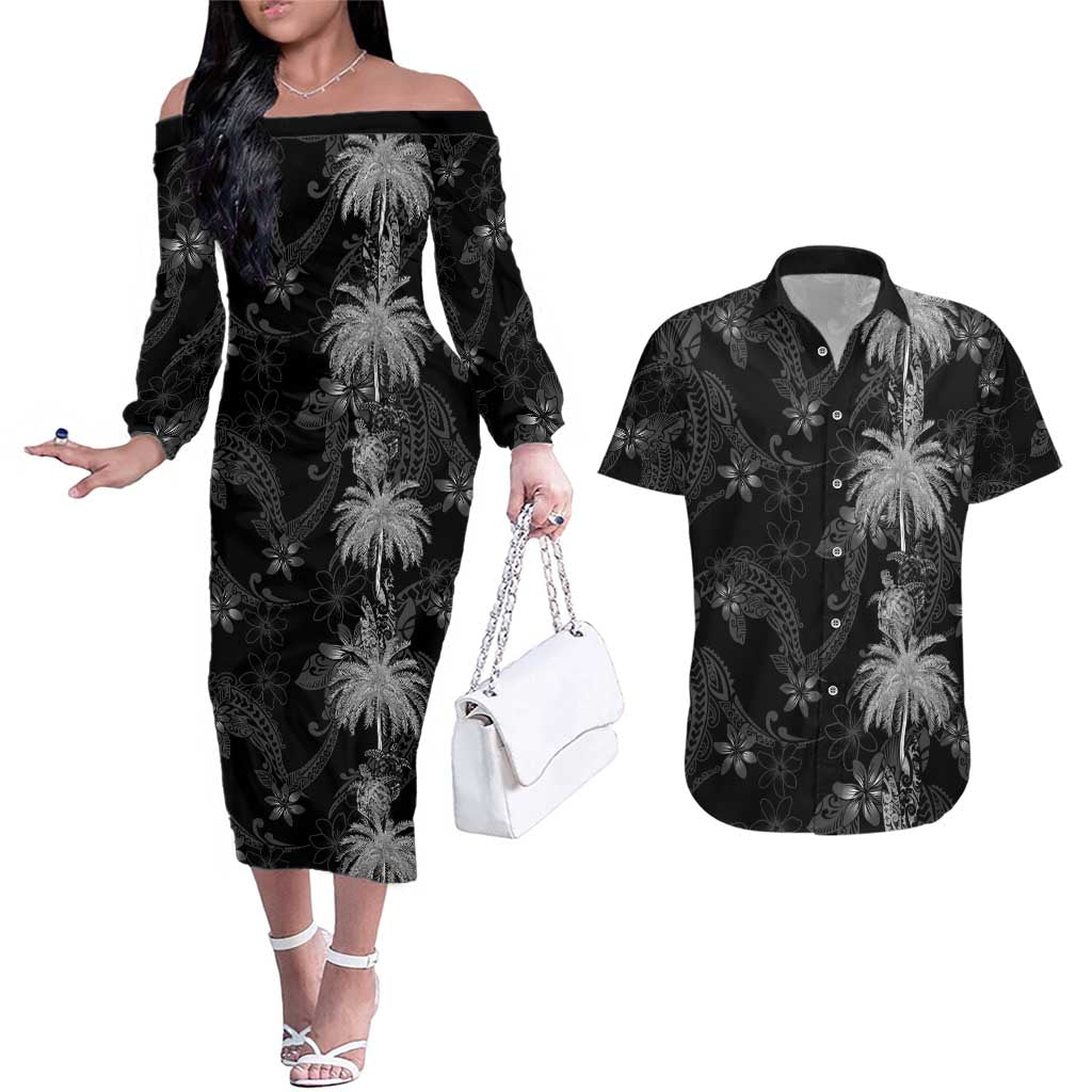 Hawaiian Honu And Surfboards Couples Matching Off The Shoulder Long Sleeve Dress and Hawaiian Shirt Silver Style - Polynesian Pride