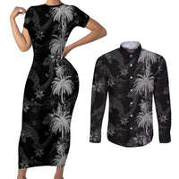Hawaiian Honu And Surfboards Couples Matching Short Sleeve Bodycon Dress and Long Sleeve Button Shirt Silver Style - Polynesian Pride