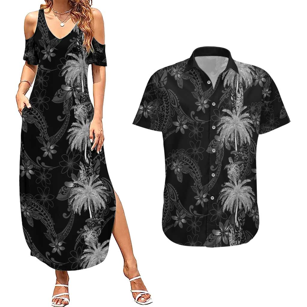Hawaiian Honu And Surfboards Couples Matching Summer Maxi Dress and Hawaiian Shirt Silver Style - Polynesian Pride