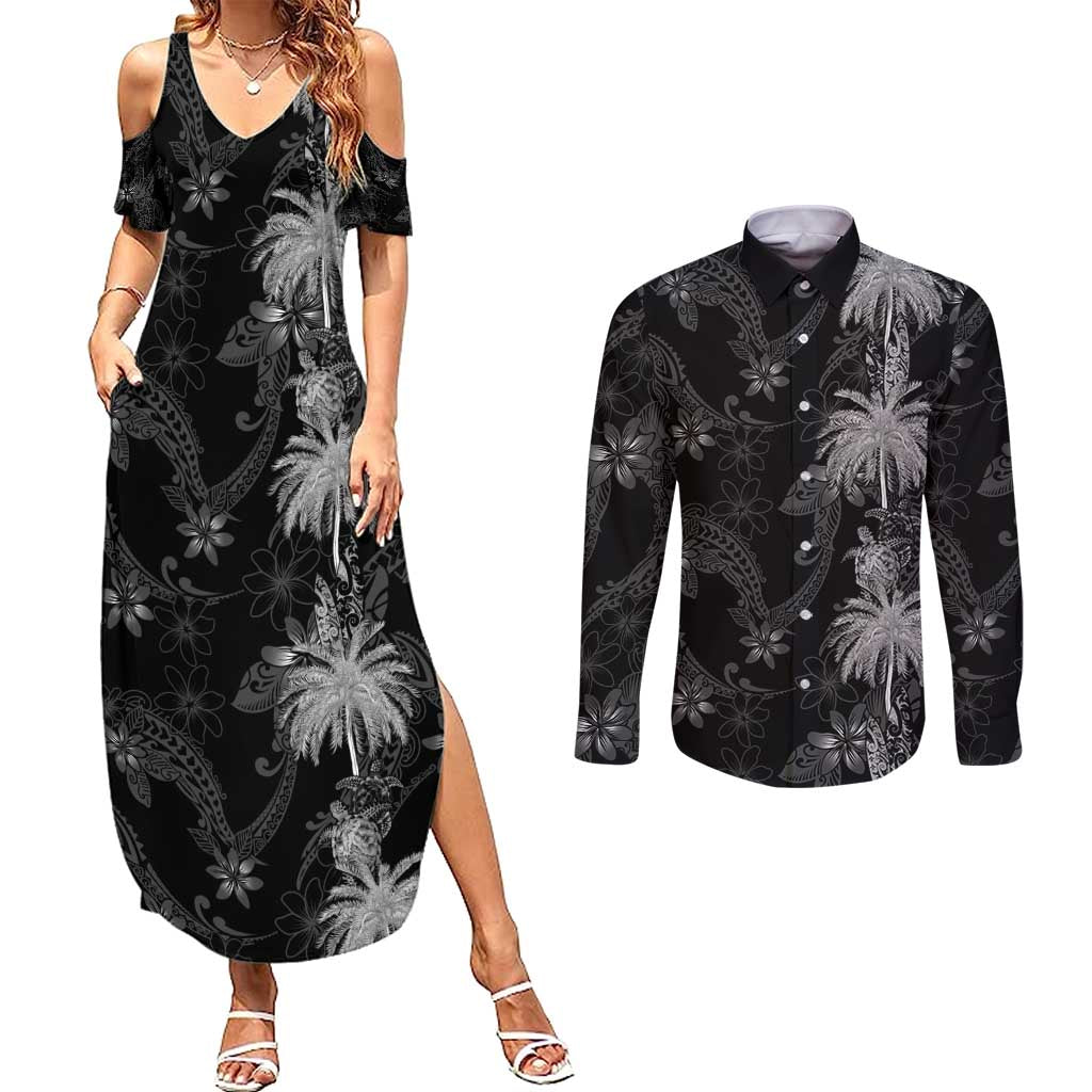 Hawaiian Honu And Surfboards Couples Matching Summer Maxi Dress and Long Sleeve Button Shirt Silver Style - Polynesian Pride