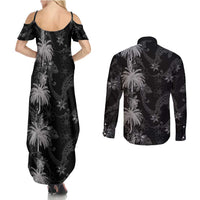 Hawaiian Honu And Surfboards Couples Matching Summer Maxi Dress and Long Sleeve Button Shirt Silver Style - Polynesian Pride