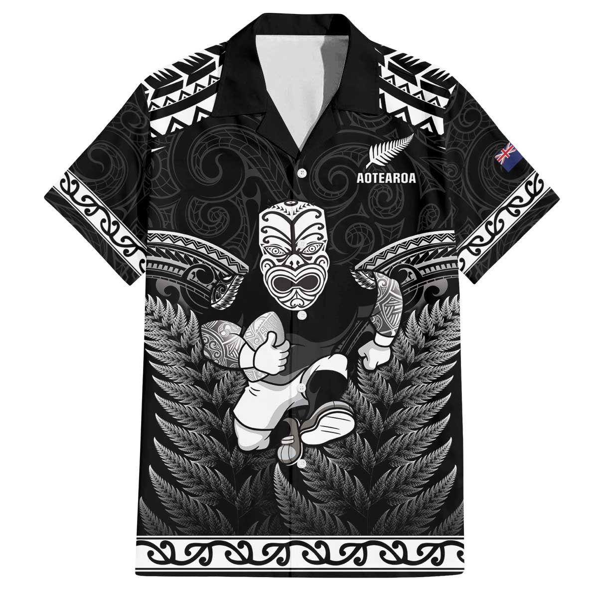 Custom New Zealand Maori Tiki Rugby Family Matching Off Shoulder Short Dress and Hawaiian Shirt Go Aotearoa Maori Pattern