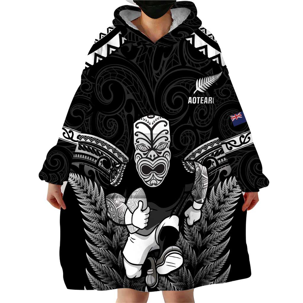 Custom New Zealand Maori Tiki Rugby Wearable Blanket Hoodie Go Aotearoa Maori Pattern