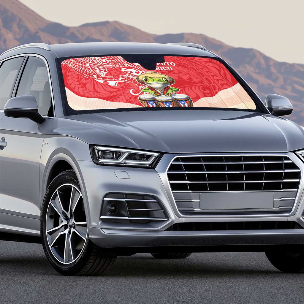 Puerto Rico Auto Sun Shade Coqui Frog With Polynesian Pattern - Polynesian Pride