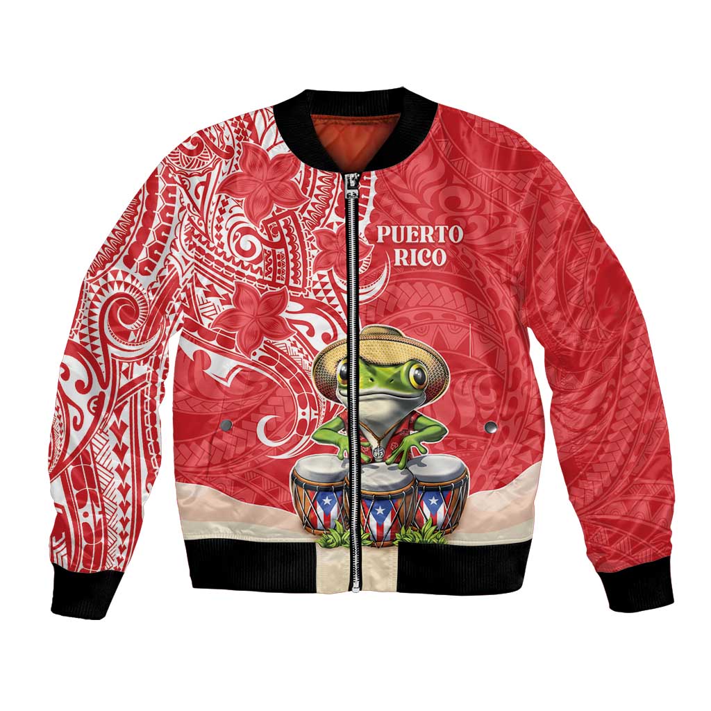 Personalized Puerto Rico Bomber Jacket Coqui Frog With Polynesian Pattern LT05 Unisex Red - Polynesian Pride