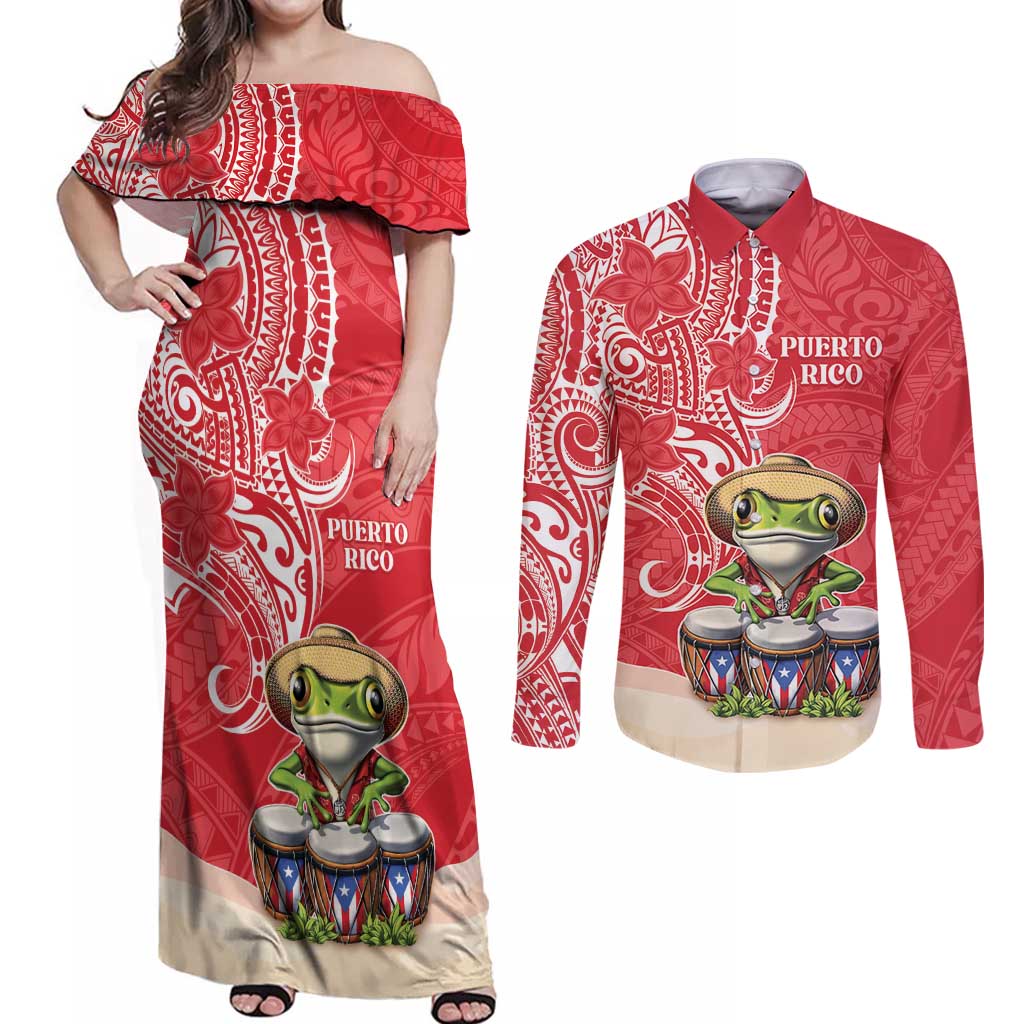 Personalized Puerto Rico Couples Matching Off Shoulder Maxi Dress and Long Sleeve Button Shirt Coqui Frog With Polynesian Pattern - Polynesian Pride