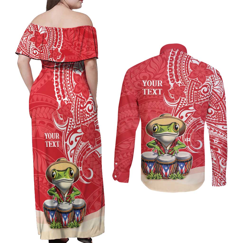 Personalized Puerto Rico Couples Matching Off Shoulder Maxi Dress and Long Sleeve Button Shirt Coqui Frog With Polynesian Pattern - Polynesian Pride