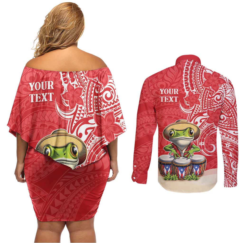 Personalized Puerto Rico Couples Matching Off Shoulder Short Dress and Long Sleeve Button Shirt Coqui Frog With Polynesian Pattern - Polynesian Pride