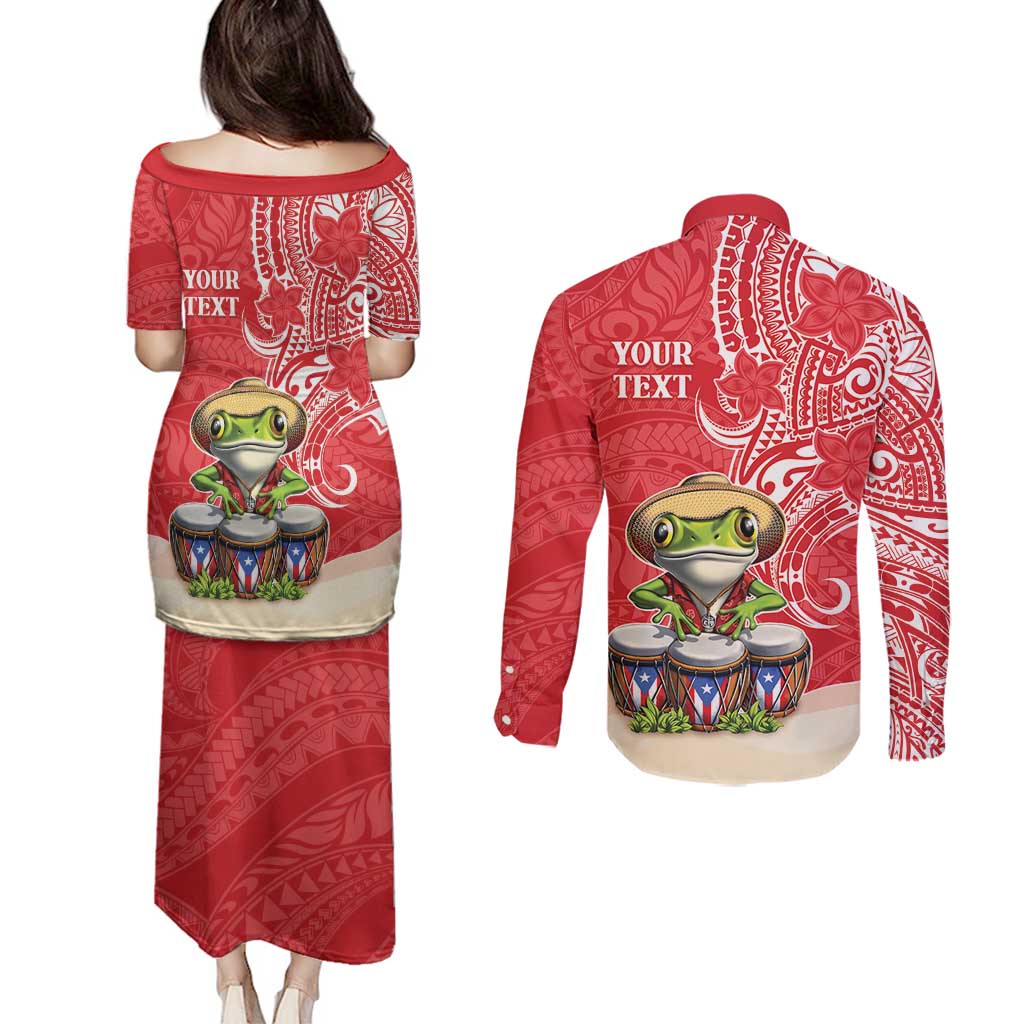 Personalized Puerto Rico Couples Matching Puletasi and Long Sleeve Button Shirt Coqui Frog With Polynesian Pattern - Polynesian Pride