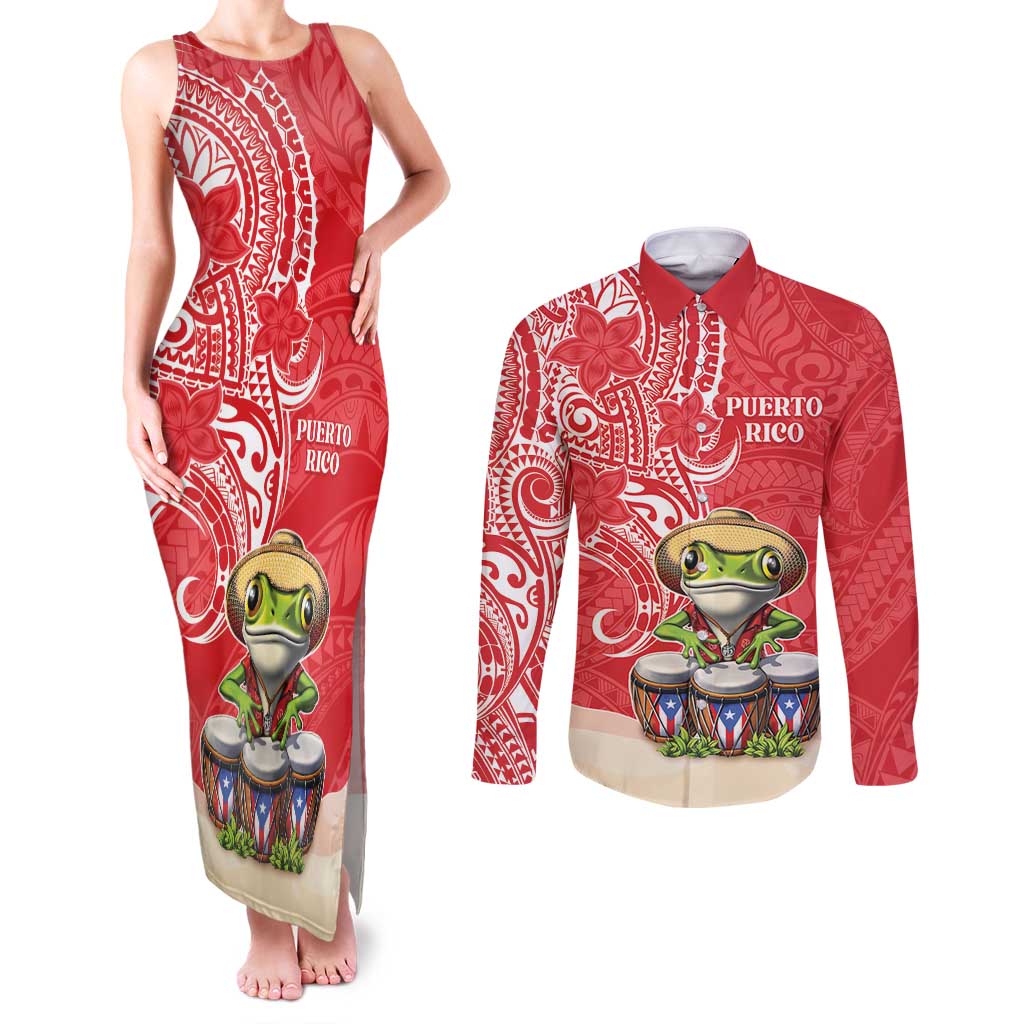 Personalized Puerto Rico Couples Matching Tank Maxi Dress and Long Sleeve Button Shirt Coqui Frog With Polynesian Pattern - Polynesian Pride
