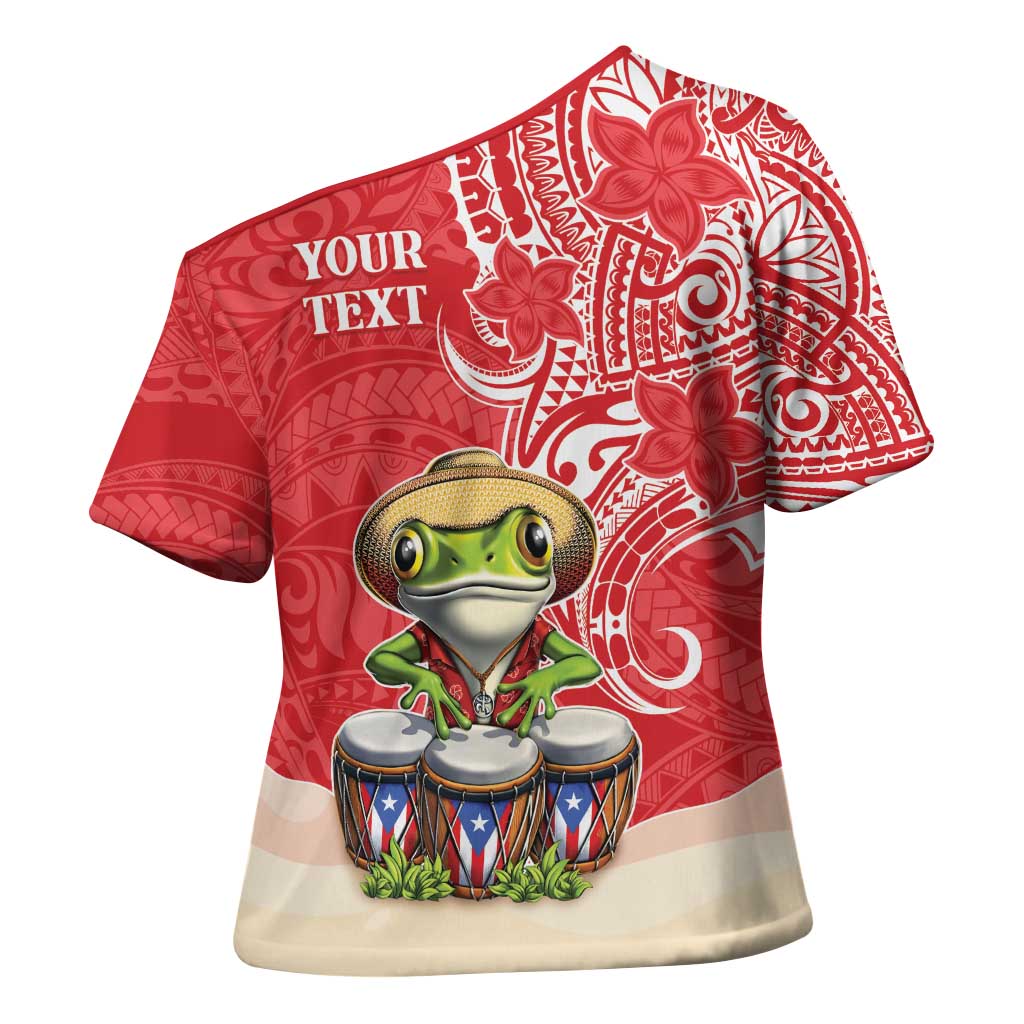 Personalized Puerto Rico Cross Shoulder Shirt Coqui Frog With Polynesian Pattern - Polynesian Pride