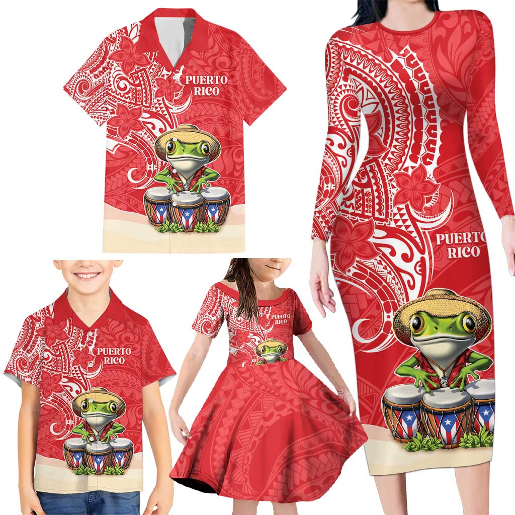 Personalized Puerto Rico Family Matching Long Sleeve Bodycon Dress and Hawaiian Shirt Coqui Frog With Polynesian Pattern - Polynesian Pride