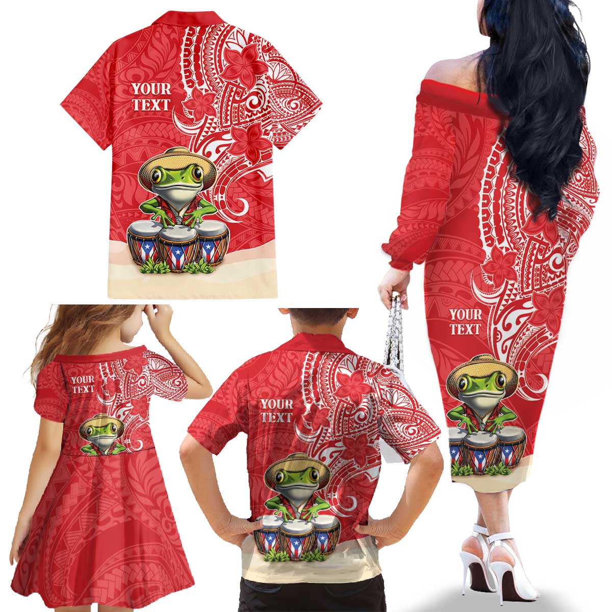Personalized Puerto Rico Family Matching Off The Shoulder Long Sleeve Dress and Hawaiian Shirt Coqui Frog With Polynesian Pattern - Polynesian Pride