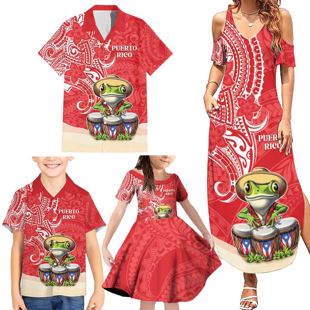 Personalized Puerto Rico Family Matching Summer Maxi Dress and Hawaiian Shirt Coqui Frog With Polynesian Pattern - Polynesian Pride