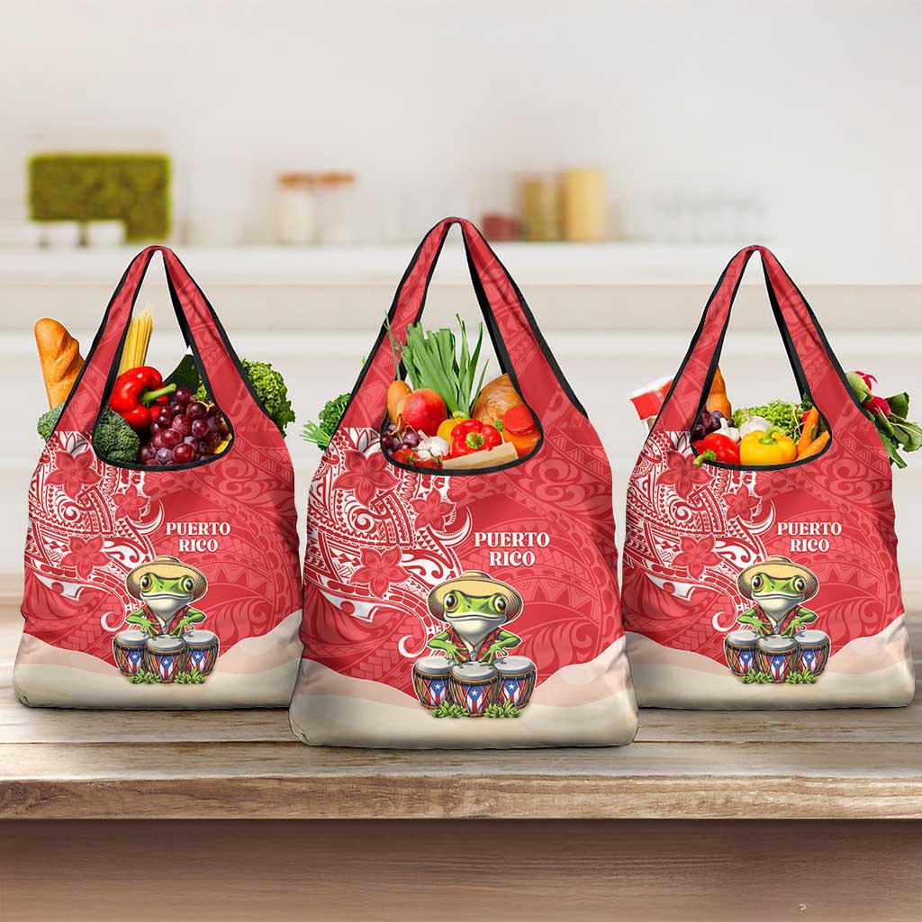 Puerto Rico Grocery Bag Coqui Frog With Polynesian Pattern - Polynesian Pride
