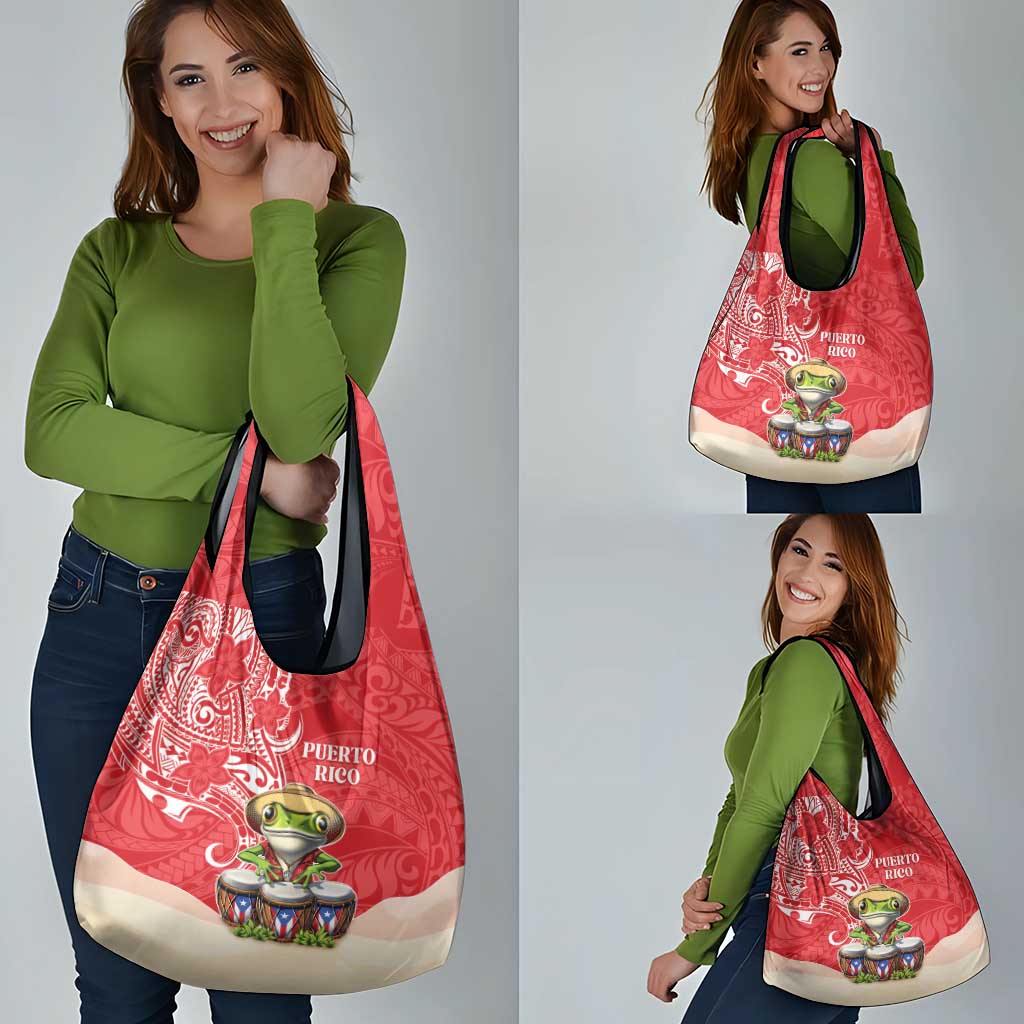 Puerto Rico Grocery Bag Coqui Frog With Polynesian Pattern - Polynesian Pride
