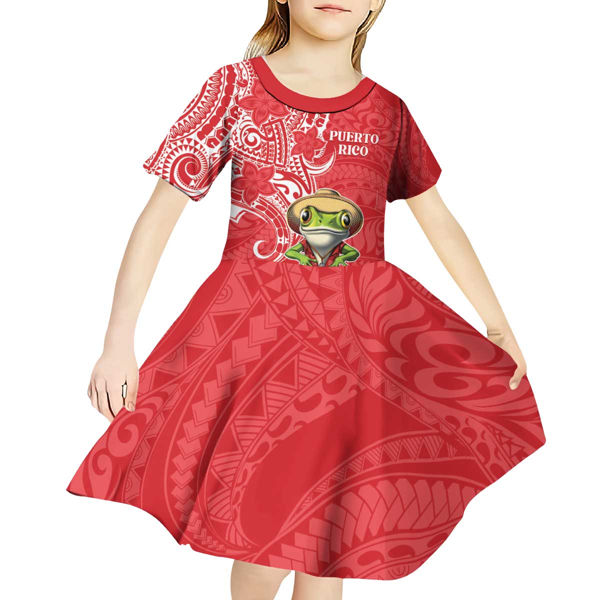 Personalized Puerto Rico Kid Short Sleeve Dress Coqui Frog With Polynesian Pattern - Polynesian Pride