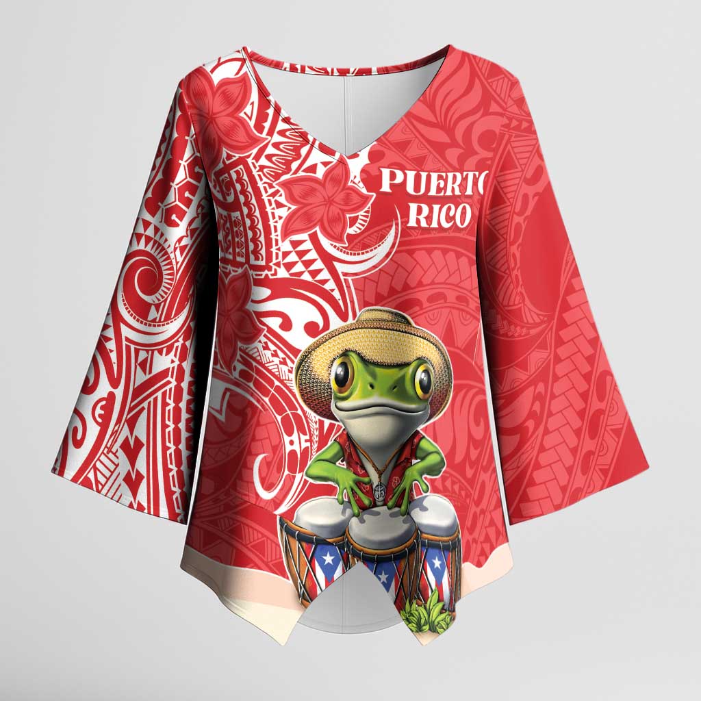 Personalized Puerto Rico Kimono Sleeve Blouse Coqui Frog With Polynesian Pattern - Polynesian Pride
