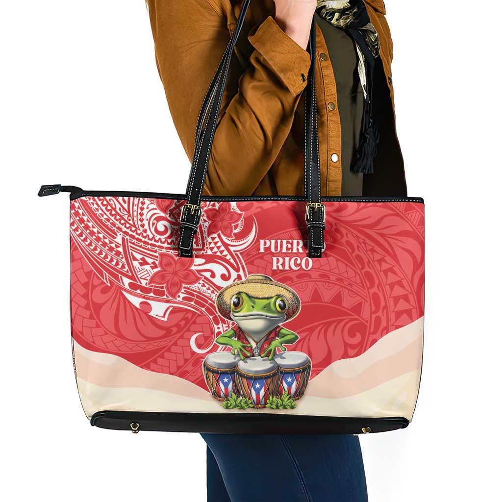 Puerto Rico Leather Tote Bag Coqui Frog With Polynesian Pattern - Polynesian Pride