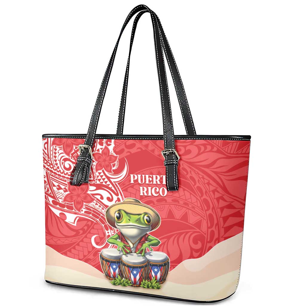 Puerto Rico Leather Tote Bag Coqui Frog With Polynesian Pattern - Polynesian Pride