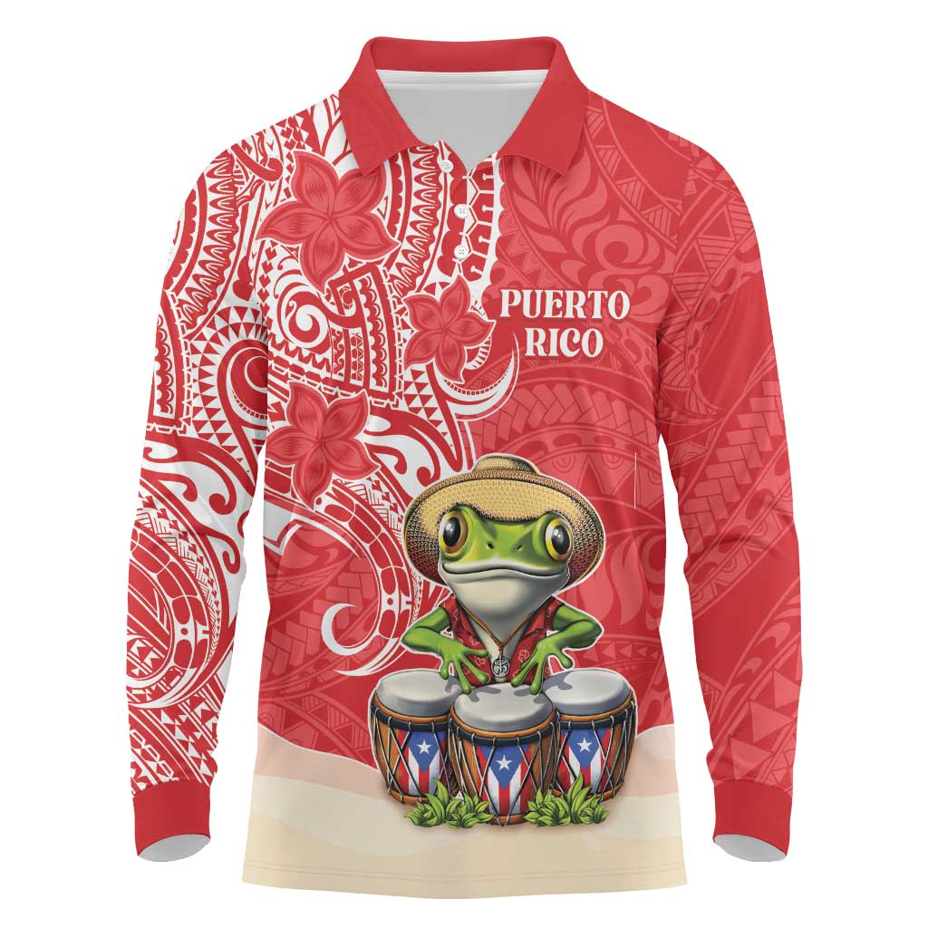 Personalized Puerto Rico Long Sleeve Polo Shirt Coqui Frog With Polynesian Pattern - Polynesian Pride