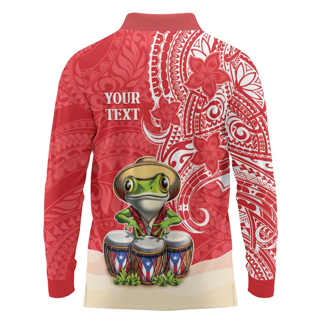 Personalized Puerto Rico Long Sleeve Polo Shirt Coqui Frog With Polynesian Pattern - Polynesian Pride