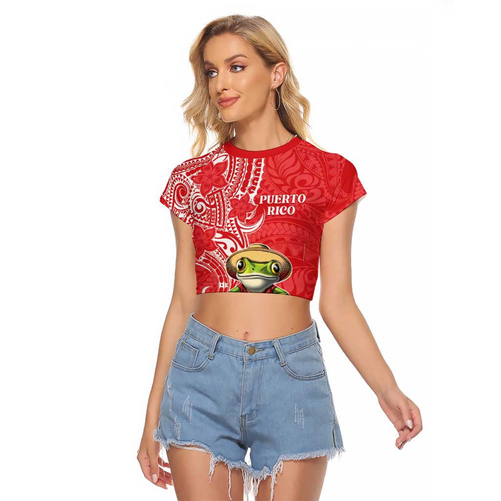 Personalized Puerto Rico Raglan Cropped T Shirt Coqui Frog With Polynesian Pattern LT05 Female Red - Polynesian Pride