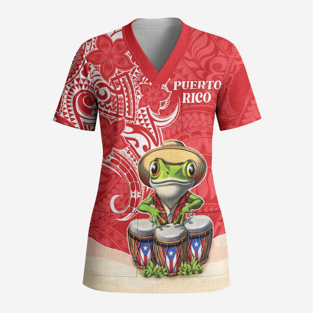 Personalized Puerto Rico Scrub Top Coqui Frog With Polynesian Pattern - Polynesian Pride