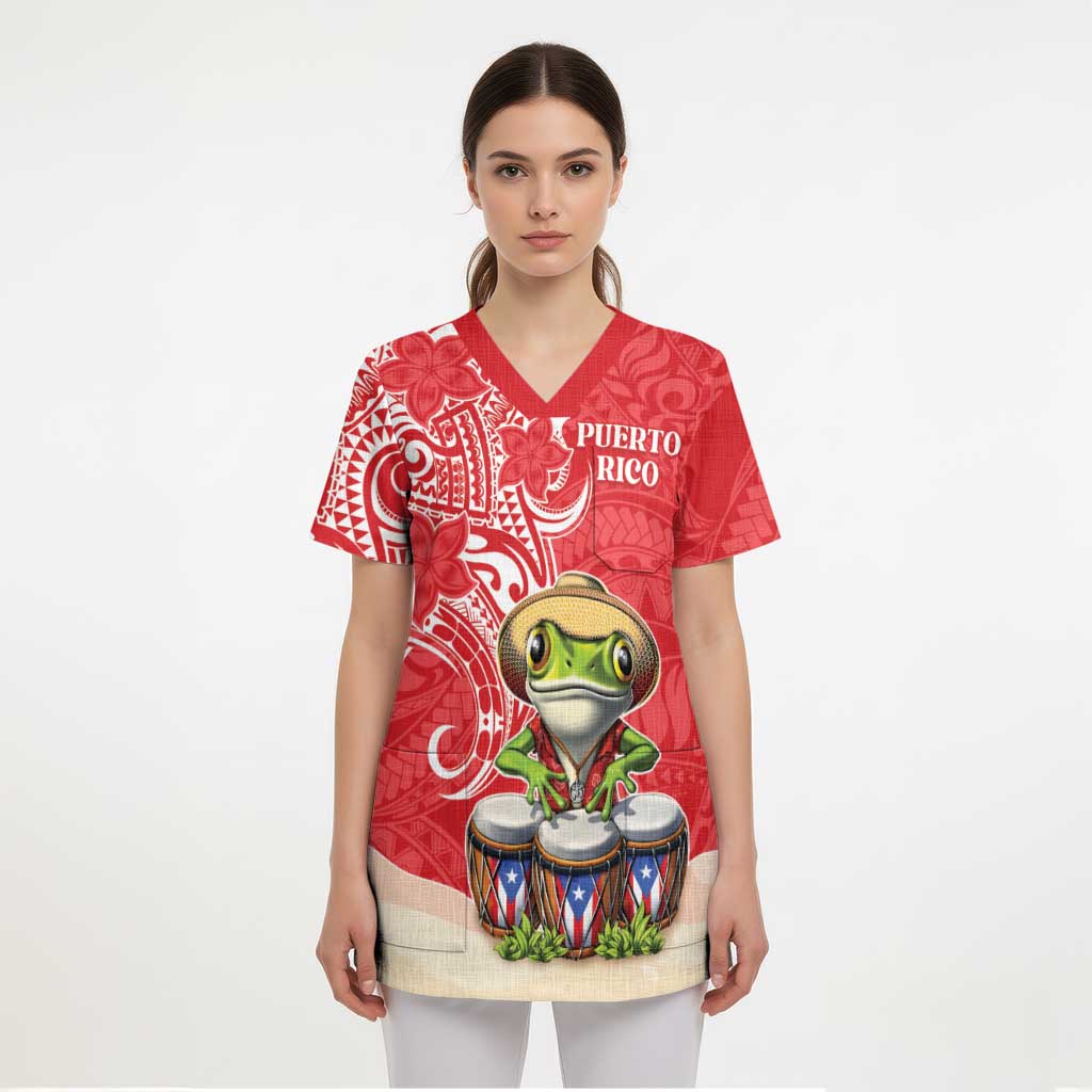 Personalized Puerto Rico Scrub Top Coqui Frog With Polynesian Pattern - Polynesian Pride