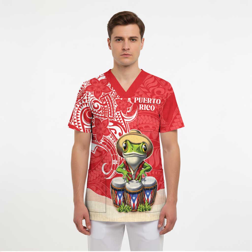 Personalized Puerto Rico Scrub Top Coqui Frog With Polynesian Pattern - Polynesian Pride