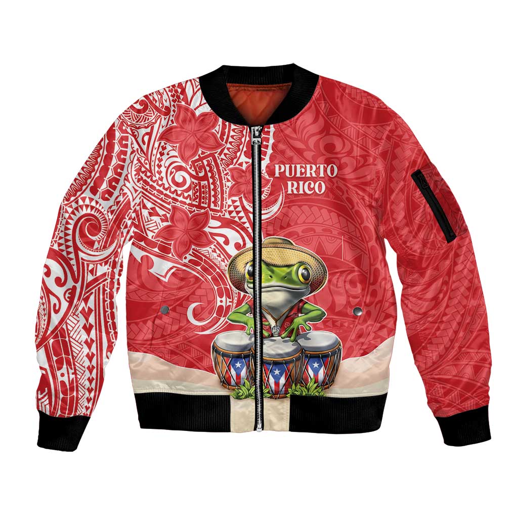 Personalized Puerto Rico Sleeve Zip Bomber Jacket Coqui Frog With Polynesian Pattern LT05 Unisex Red - Polynesian Pride