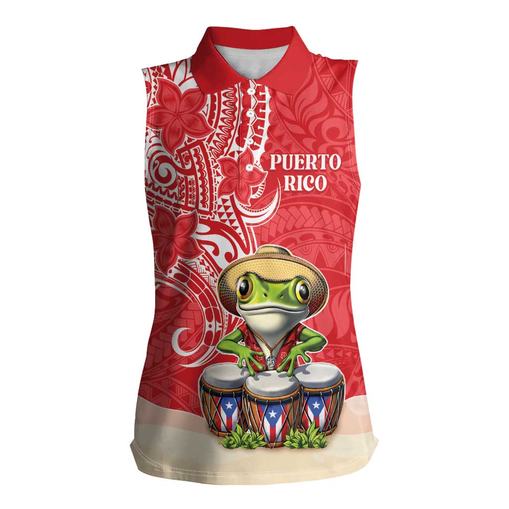 Personalized Puerto Rico Women Sleeveless Polo Shirt Coqui Frog With Polynesian Pattern - Polynesian Pride