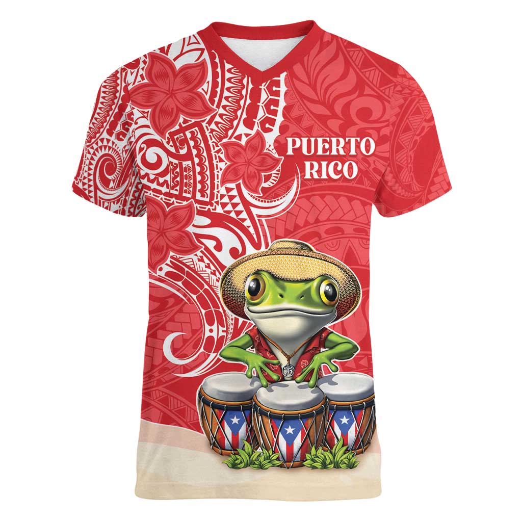 Personalized Puerto Rico Women V-Neck T-Shirt Coqui Frog With Polynesian Pattern LT05 Female Red - Polynesian Pride