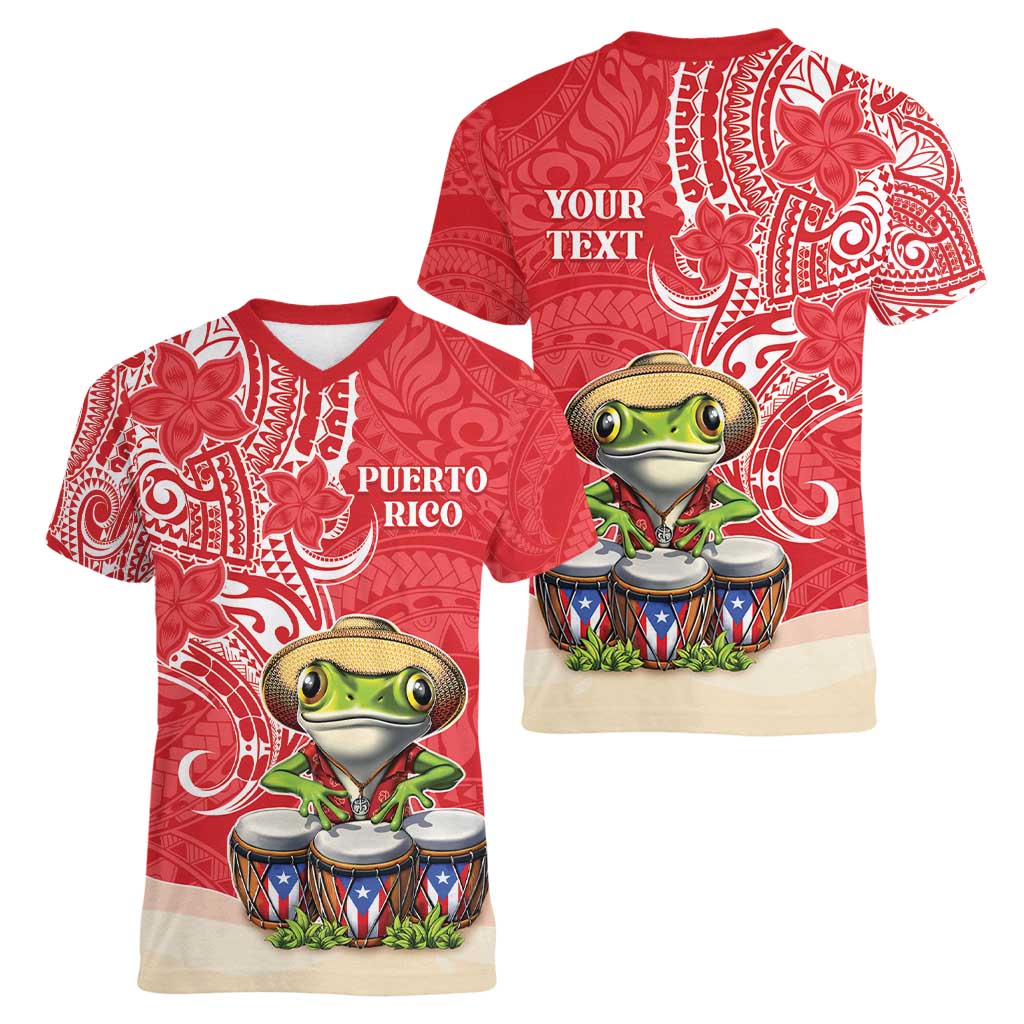Personalized Puerto Rico Women V-Neck T-Shirt Coqui Frog With Polynesian Pattern - Polynesian Pride