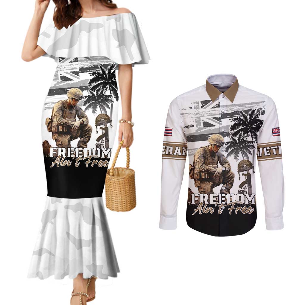 Hawaii Veterans Day Couples Matching Mermaid Dress and Long Sleeve Button Shirt Honor The Fallen Flag Grunge Style LT05 White - Polynesian Pride