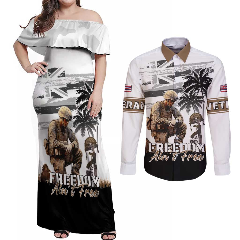 Hawaii Veterans Day Couples Matching Off Shoulder Maxi Dress and Long Sleeve Button Shirt Honor The Fallen Flag Grunge Style LT05 White - Polynesian Pride