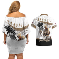 Hawaii Veterans Day Couples Matching Off Shoulder Short Dress and Hawaiian Shirt Honor The Fallen Flag Grunge Style