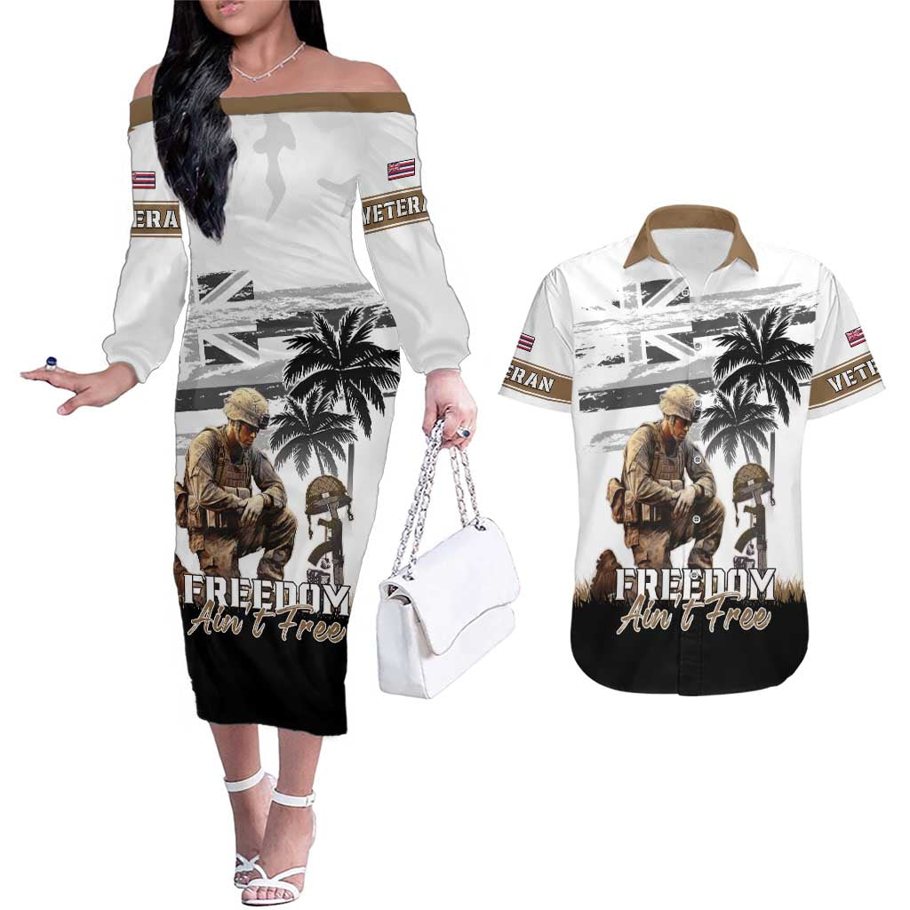 Hawaii Veterans Day Couples Matching Off The Shoulder Long Sleeve Dress and Hawaiian Shirt Honor The Fallen Flag Grunge Style LT05 White - Polynesian Pride