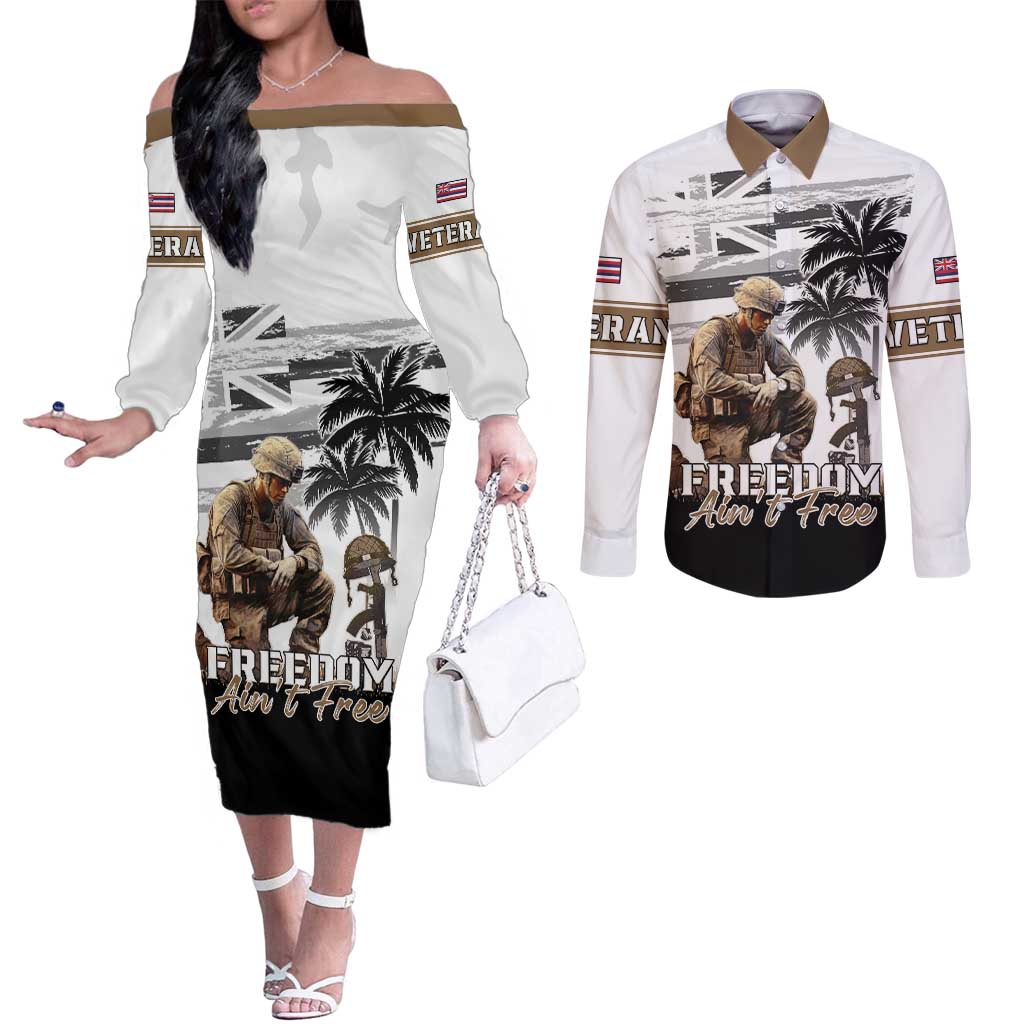 Hawaii Veterans Day Couples Matching Off The Shoulder Long Sleeve Dress and Long Sleeve Button Shirt Honor The Fallen Flag Grunge Style LT05 White - Polynesian Pride