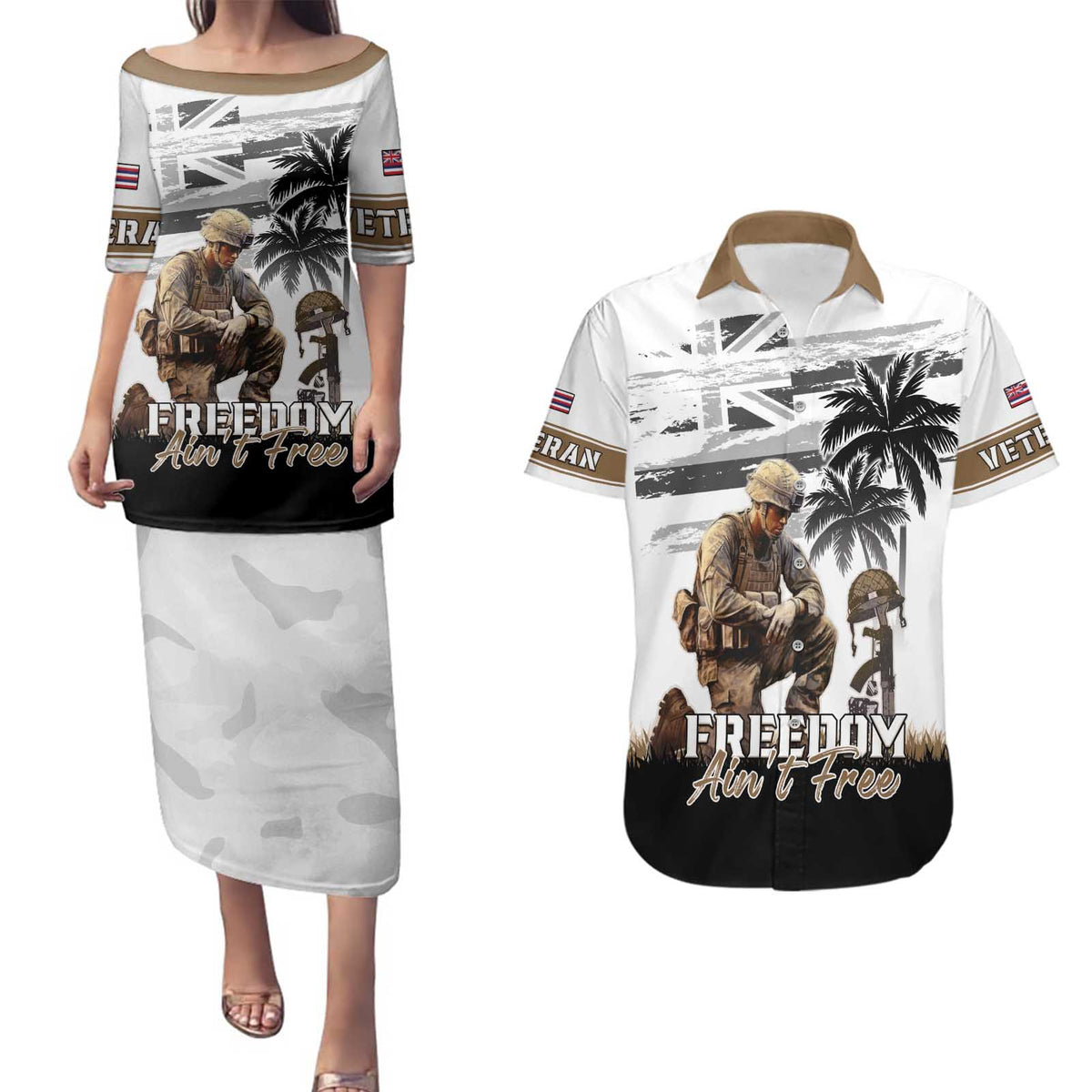 Hawaii Veterans Day Couples Matching Puletasi and Hawaiian Shirt Honor The Fallen Flag Grunge Style